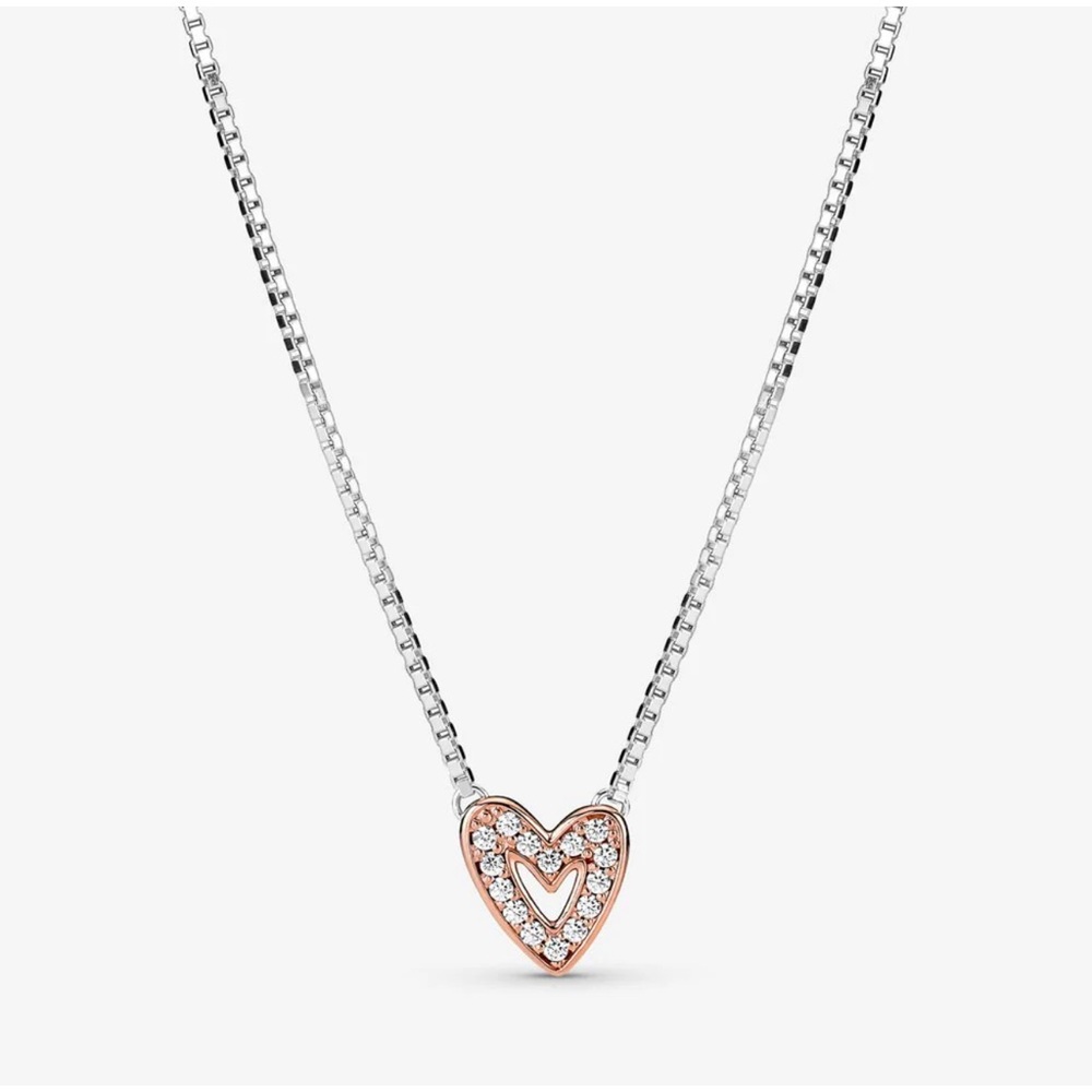 NIB Pandora Sparkling Freehand Two-Tone Heart Necklace